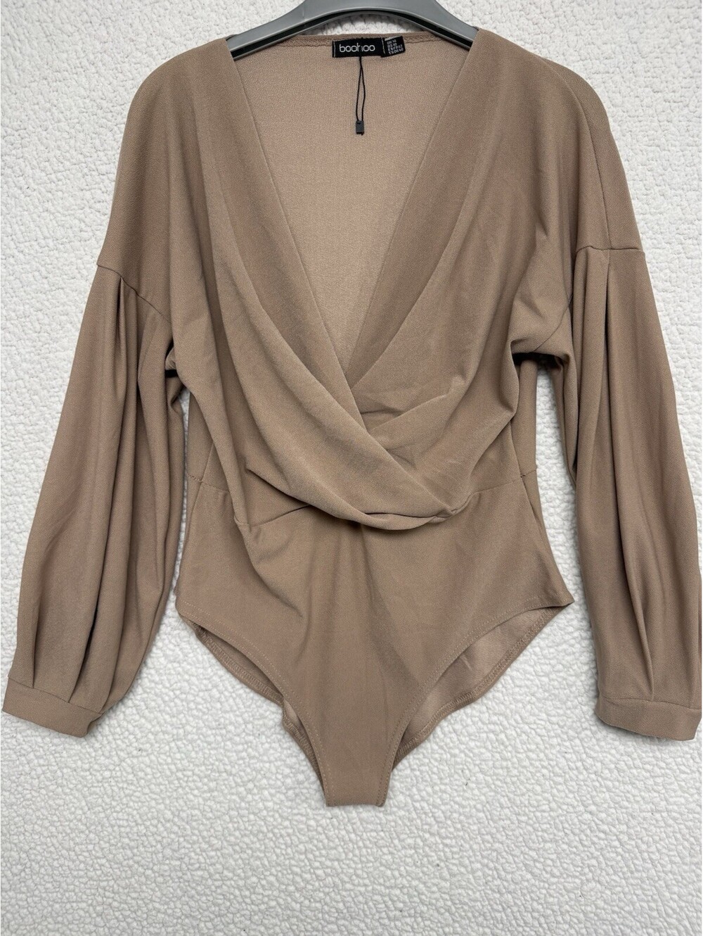 Boohoo Women’s US 10 Taupe Wrap Front Long Sleeve Bodysuit Surplice Stretch